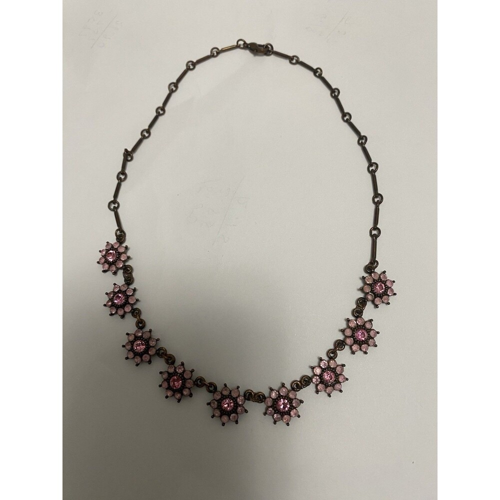 Vintage Signed Avon Bronze Tone Pink Rhinestones Flowers Chain 16” Necklace